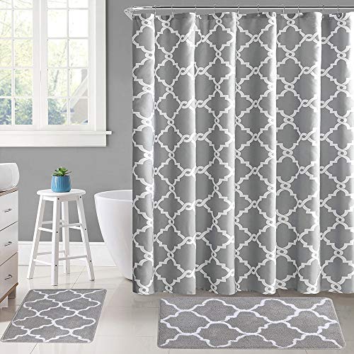 Weltrxe Moroccan Fabric Shower Curtain With Hooks, Waterproof Polyester Geometric Pattern Bathroom Curtains, Machine Washable, 72 X 72 Inches, Gray #TOP7