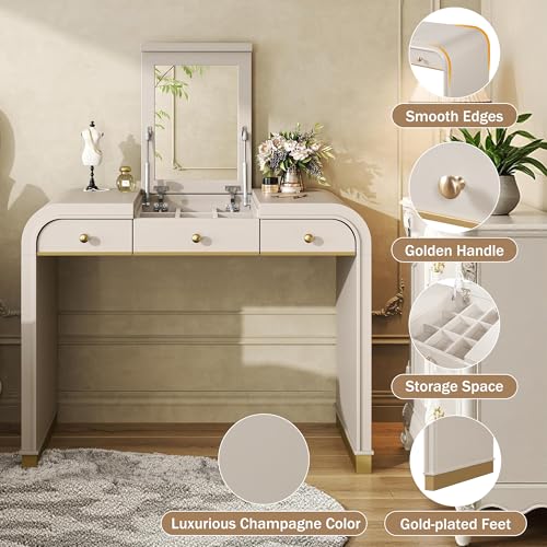 Image of JIVOIT Vintage Vanity Desk with Flip Mirror, Flip-Top Mirror with Hidden Storage, 3-in-1 Wood Dressing Table with 2 Drawers and Storage Space, Easy Assembly (Champagne,44)