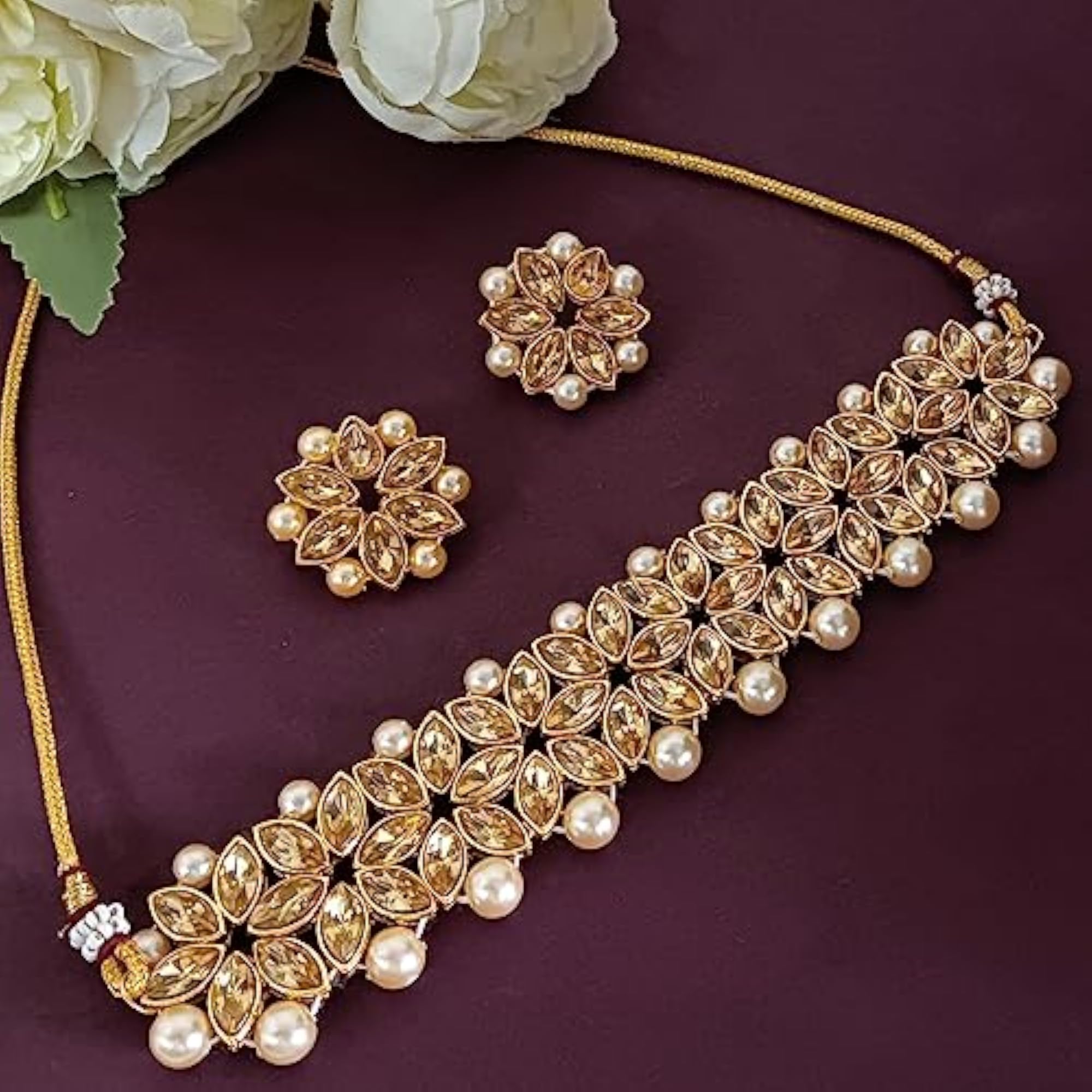 Fancy Crystal Choker Necklace & Earrings Set