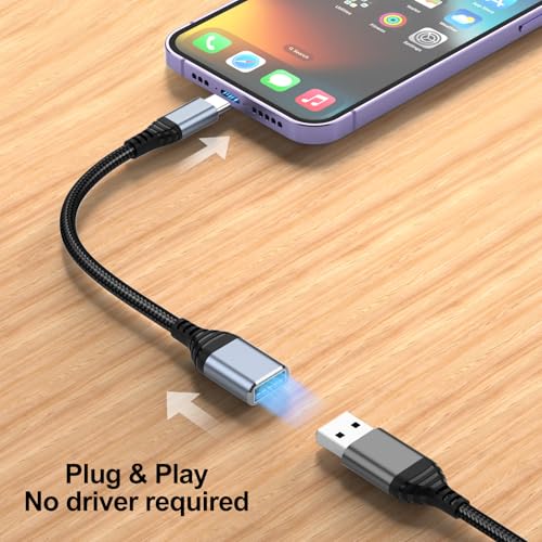 Image of Tobfit USB C to USB Adapter Aluminum OTG Cable Type C Male to USB-A Female 3.0 OTG Adapter, Nylon Braided Fast Charge and Data Transfer Cord for iPhone 16 15 14 13 12 Pro Max Plus,Galaxy S25 S24