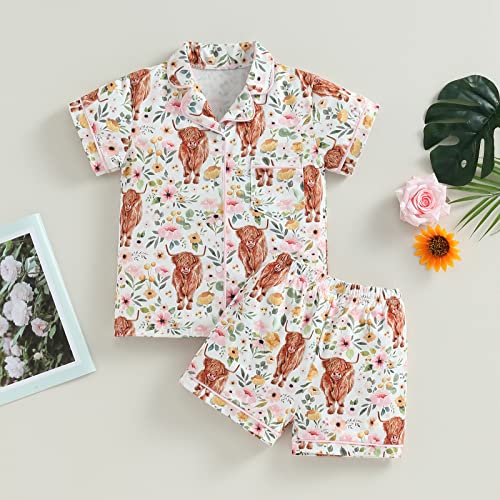 Baby Boy Girl 2Pcs Pajamas Set Western Cow Print Short Sleeve Button Down Shirt Elastic Shorts Lounge Set Sleepwear2