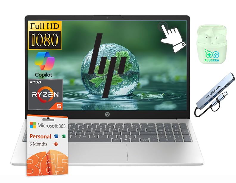 Image of HP 15.6 inch FHD Touchscreen Laptop Computer with Microsoft Office 365, Windows 11 Laptop, AI Copilot, AMD Ryzen 5 Processor, PLUSERA Earphones, Silver (Silver, 8GB RAM | 1TB Storage)
