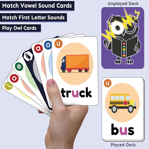 Image of THE BAMBINO TREE WOWELs Phonics and Vowel Sounds Card Game - Learn to Read Kindergarten 1st 2nd Grade Learning - Short Vowel CVC Words and Long Vowel Matching Game 2-8 Players