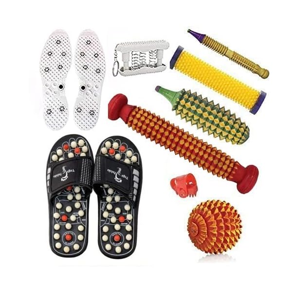 Image of Massager & Therapy Tools Combo Kit for Stress and Pain Relief | Natural Care with Bio-Magnetic Power Foot Mat & Shoe Sole Foot Roller | Pyramidal Cuts, Karela Manual Massager (Multicolor)