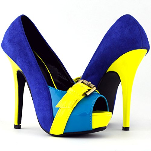 SHOW STORY Three Tone Peep-Toe Buckle Platform High Heel Stiletto Pumps,LF304602