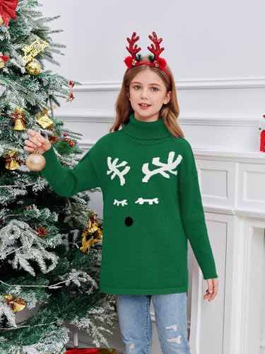 Image of Haloumoning Girls Christmas Sweater Kids Oversized Turtleneck Cute Reindeer Sweaters with Side Slit