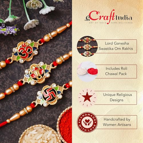 Image of eCraftIndia Set of 3 Multicolor Semi Precious Designer Rakhis for Brother Bhaiya Bhai | Roli Chawal Pack