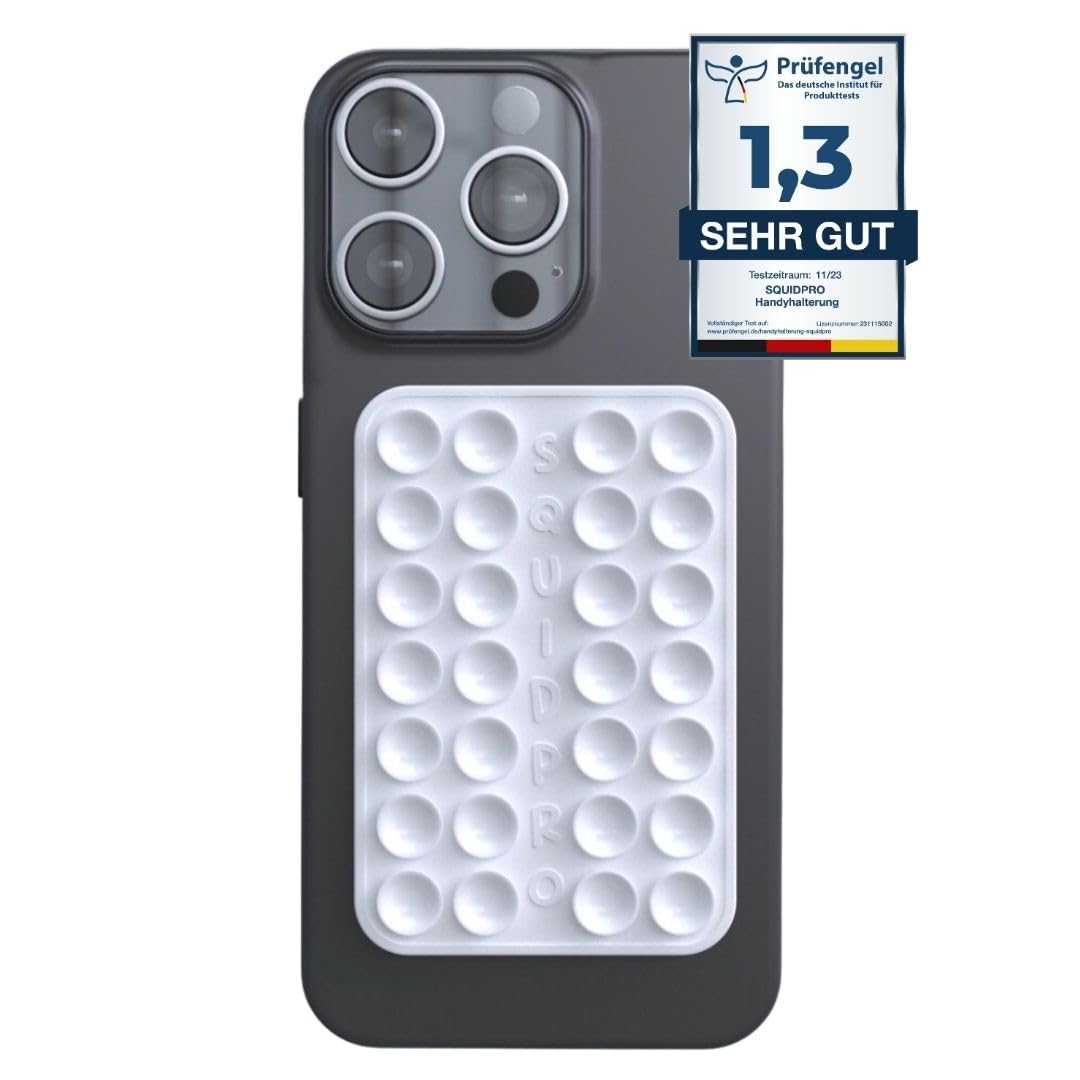 SQUIDPRO® - Silikon Saugnapf Handyhalterung, selbst-klebend, Kompatibel mit Allen gängigen iPhone- und Android Mobiltelefonen BZW. Handyhüllen, Freihändige Halterung für Selfies (White)