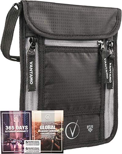 Travel Wallet with RFID Sleeves – Secure Neck Wallet and Passport Holder RFID Blocking – Travel Bag Travel Organizer Includes Global Recovery Tags – Must Have Travel Accessories (Black/Gray)