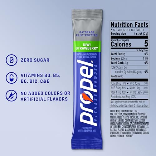 Image of Propel Electrolyte Powder Drink Mix, Kiwi Strawberry, (32 Servings), Zero Sugar, Enhanced Water Beverage, Gatorade Electrolytes, Vitamins, No Added Colors, No Artificial Flavors, Hydration