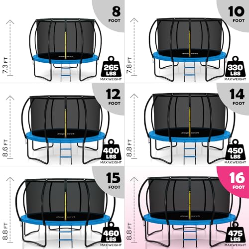 Image of JoyBerri Upsurge Trampoline Outdoor - ASTM Certified Safe 8Ft 10Ft 12Ft 14Ft 15Ft 16Ft Recreational Trampoline for Kids and Adults. Anti-Rust Coating with Enclosure Net, Ladder, Sprinkler & LED Lights