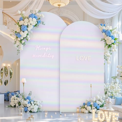 Image of Rainbow White Arch Covers 7.2 and 6ft Sequin Sparkly Birthday Party Arch Backdrop Covers Set of 2 Spandex Shimmer Balloon Arch Stand Cover for Wedding Bridal Shower Baby Shower Photo Arches Background