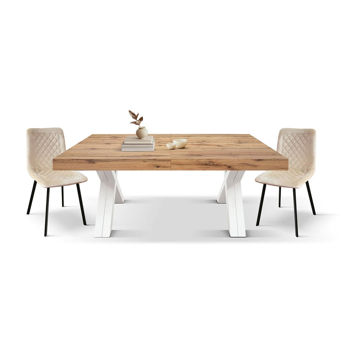 PAZZO DESIGN Roberta Ausziehtisch, Wohnzimmertisch, Küchentisch, rustikale Eiche, gekreuzte Beine weiß, 180 bis 480 cm, hergestellt in Italien, id_2407