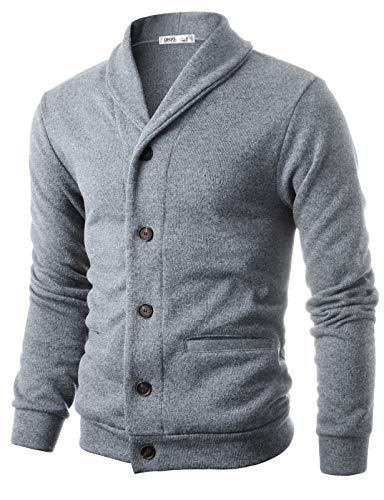 OHOO Mens Slim Fit Shawl Double Layers Collar High Closure Button Knit Cardigan with Two Pocket/DCC065-MELANGEGREY-S
