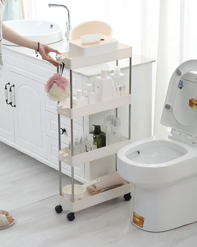 smart saver 4 tier slim storage cart, mobile narrow rolling cart with wheels, conveniently slide out organizer shelf cart for kitchen bathroom pantry laundry narrow space