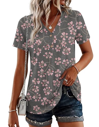 BISHUIGE Womens Henley Tunic Tops Button Up Tshirts Short Sleeve Vneck Casual Blouses L Fl Gypsophila Black