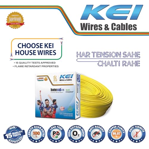 Image of KEI WIRES & CABLES Homecab 0.75 sqmm 1 Core Copper Flame Retardant House Wire PVC Insulated Cable for Domestic & Industrial Electrical Wiring (Yellow, 90 Meters)