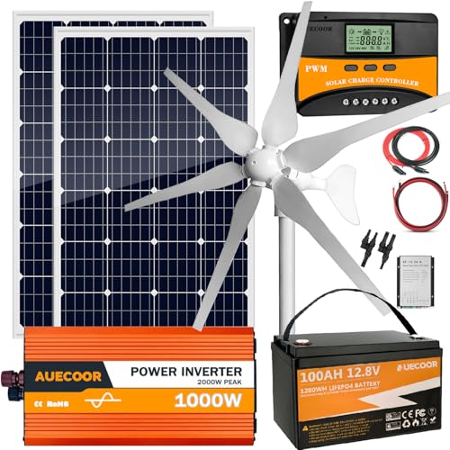 640W Solar Wind Power Kit Hybrid System12V, 2x120W Solar Panel+400W Wind Turbine with Wind Controller+12.8V 100Ah LiFePO4 Battery+1000W Pure Power Inverter+Smart Solar Controller for Home RV Off-Grid
