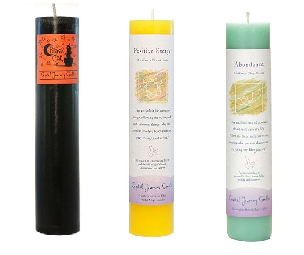 Crystal Journey Reiki Charged Herbal Magic Pillar Candle with Inspirational Labels - Bundle of 3 (Black Cat, Positive Energy, Abundance) Each 7