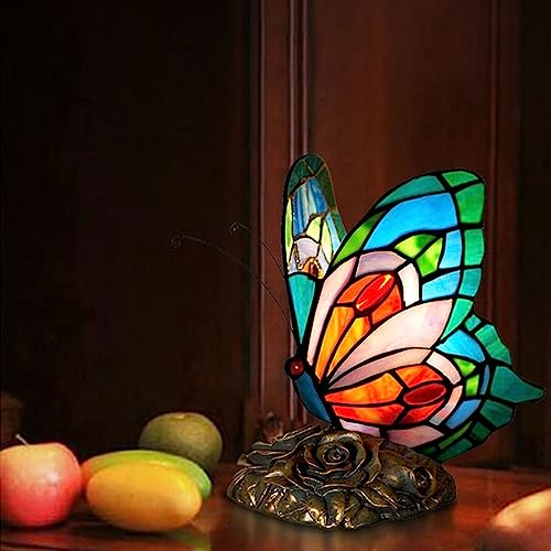 Fumat FMTL190105-4 Bedside Table Lamp Led Tiffany Blue Fairy Butterfly Nightstand Table Lamps Stained Glass Shade On Off Switch Home Office Desk Lamp Night Light Girl Grandma Mothers Day Gifts W/Gift Box thumb #1