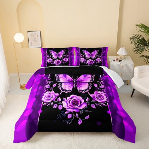 Image of QOOMO Cartoon Butterfly Kids Comforter Set,Flowers Print Bedding Set Full Size for Boys Girls Room Decoration,Purple Bed Set Microfiber Lightweight,1 Comforter 2 Pillowcases