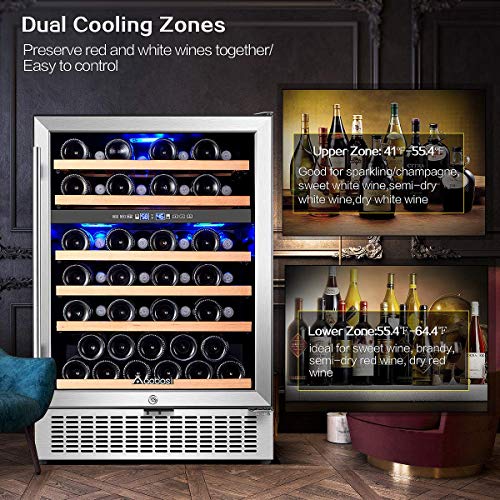Image of AAOBOSI 51 Bottle Wine Fridge, 24-Inch Dual Zone Wine Cooler Refrigerator, Built-In or Freestanding Under Counter Wine Fridge with Compressor, Digital Temperature Control, Low Noise for Home Bar