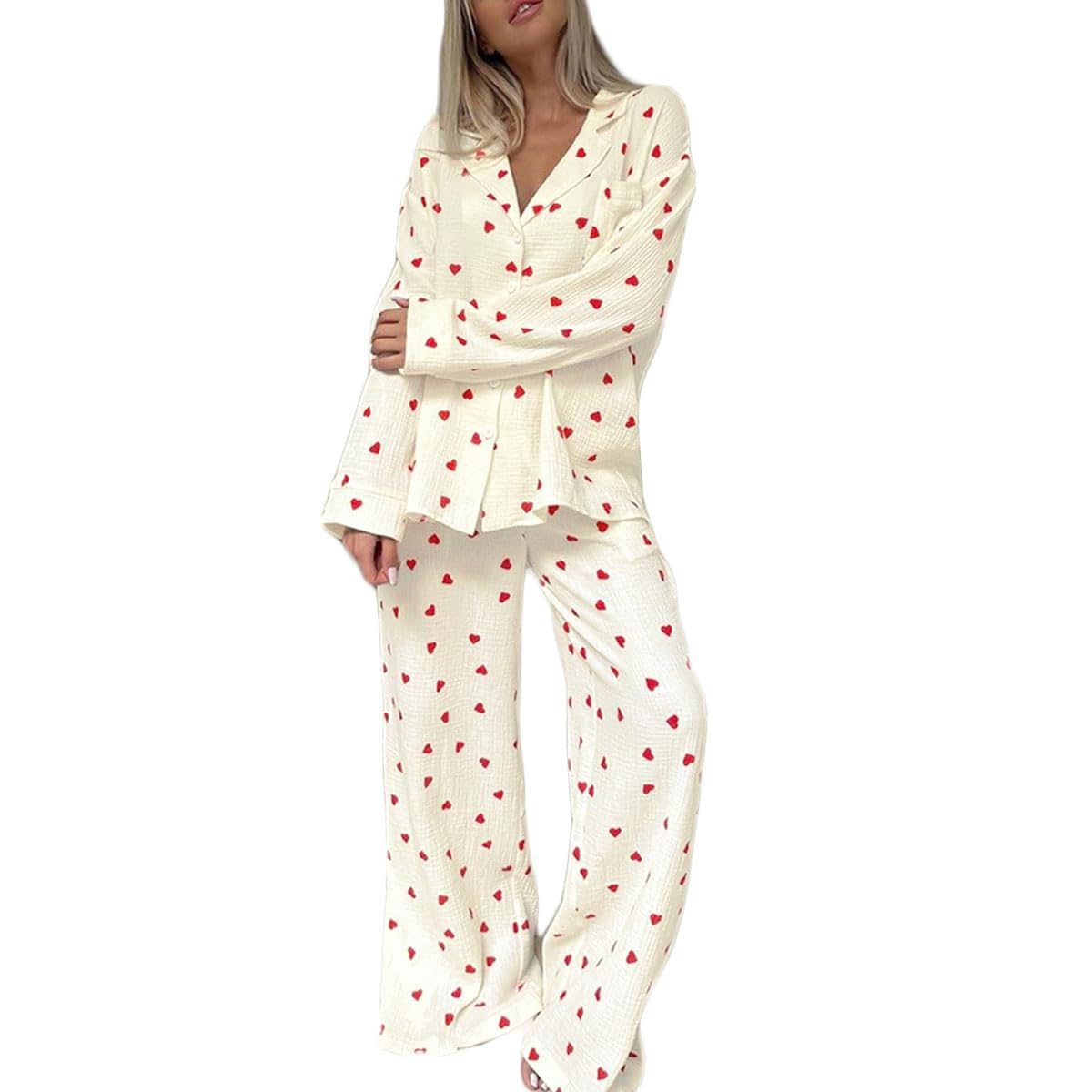 codcmWomens Pajama Sets Cotton Pj Set Cute Heart Print Long Sleeve Button Down Shirt With Long Pants