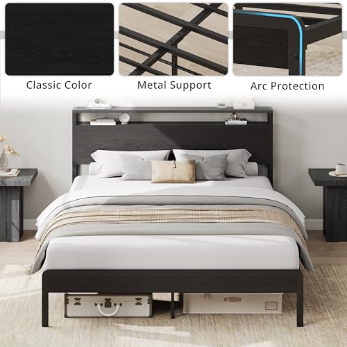 Image of LIKIMIO Full Bed Frame with Headboard, Dark Wood Camas Full with Strong Supports, Sturdy, Noise-Free, No Box Spring Needed, Classic Black