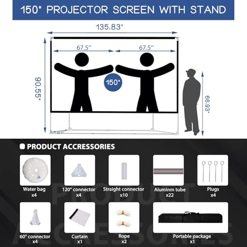 Image of Projector Screen and Stand 150 inch Large Outdoor Projection Screen 16:9 HD 4K Portable Projection Movie Screen with Carry Bag Foldable Anti Crease Windproof Design for Home Theater Backyard Cinema