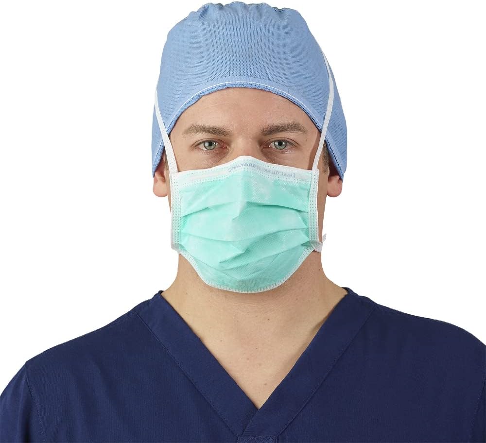 HALYARD FLUIDSHIELD 1 Disposable Mask with Ties, with SO SOFT Lining, Pleat-Style, Fog-Free, Green, Level 1, 28806