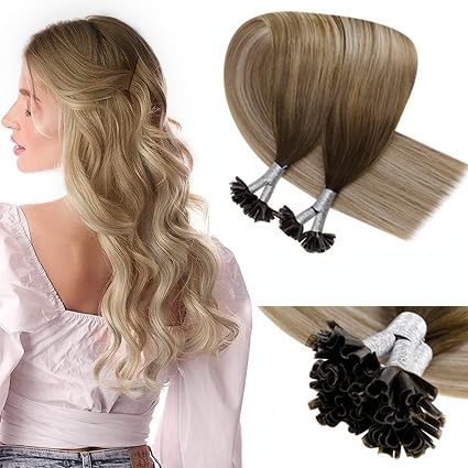 LaaVoo Extensiones de cabello humano de fusión, color marrón, balayage, rubio, queratina, extensiones de cabello humano real, 22 en 1.76 oz, 50s