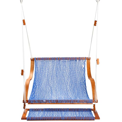 Image of SANIWERKE Porch Swing for 2, Double Hammock Swing with Footrest & S-Armrest, Adjustable Hanging, Durable Rope Net&Thick Wood, 650LBS, 50 inch Wide, Luxe Reclining Duo Swing for Patio Porch(Coastal Blue)