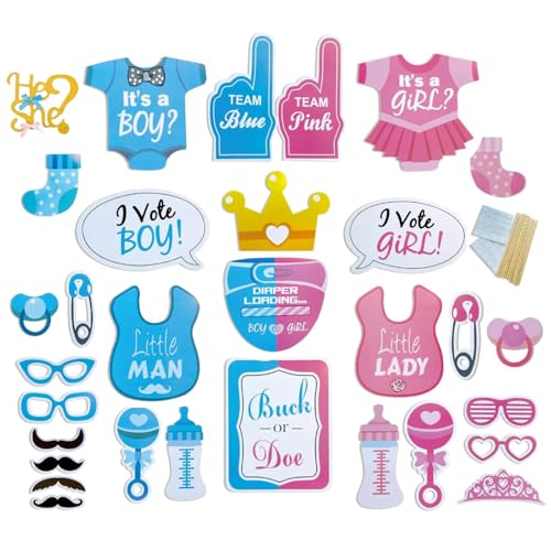 YGFEJSDNSW 31PCS Baby Shower Kit Cake Topper, Gender Reveal Photo Booth Props Boy or Girl Theme, Birthday Party Decorations Gender Reveal Party Photo Props