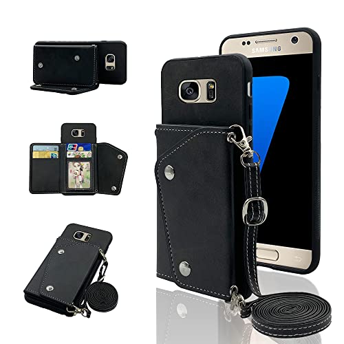 Image of Elisorli Phone Cover for Samsung Galaxy S7 Edge Wallet Case with Crossbody Shoulder Strap and Stand Leather Credit Card Holder Cell Accessories Glaxay S7edge Gaxaly S 7 GS7 7s 7edge Women Girls Black