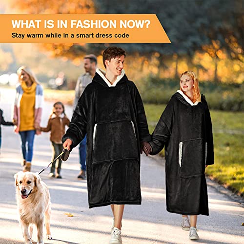 yescool Oversized Wearable Blanket Hoodie, Flannel Sherpa Fleece Blanket Sweatshirt for Adults Women Men, Big Plush Cozy Hooded Blanket with Hood, Pocket & Sleeves, One Size Fits All (Black) - Image 5