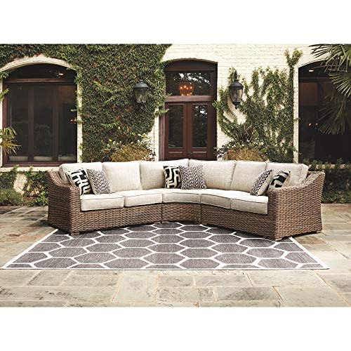 Signature Design by Ashley Beachcroft Outdoor Curved Corner Chair with Cushion, 2 Pillows, Performance Fabric, Resin Wicker, 18.5" Seat Height, Beige - image 2