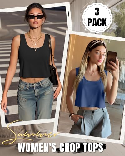 Image of Huukeay 3 Pack Women's Scoop Neck Crop Tank Tops | Loose Fit Cropped Workout Tanks, Summer Basic Sleeveless Shirts, Breathable Sports Wear, Comfortable and Breathable