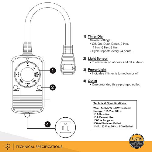 Austin Light Co. - 1 Socket - Outdoor Outlet Timer With Photocell Light Sensor, Weatherproof – Black - Ul Listed. Commercial Grade. Great For Christmas, Holiday Lights, Patio, Backyard, Home #TOP4