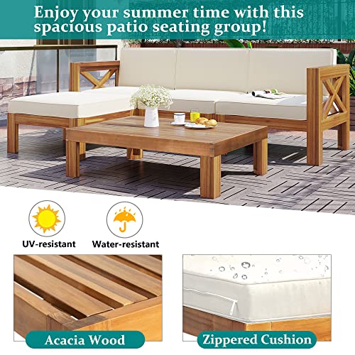 Daxue 5 Pcs Patio Furniture Sets, All-Weather Outdoor Sectional Acacia Wood Armchairs And Wood Coffee Table, Natural Finish Chair Set Beige Cushion Outside Dining Set Outdoor Patio Set #TOP1