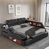 Gahowlen Queen Bed Frame, Modern Luxury Multifunction Bed Frame with Massage Recliner/Music Speaker/USB Charging Station/Storage Drawers, Adjustable Leather Upholstered Headboard, Black
