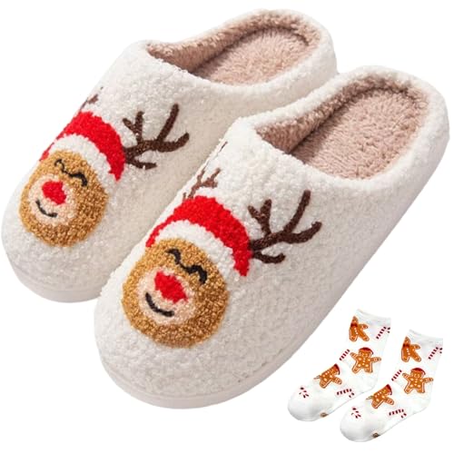 FOCUSIN Christmas Reindeer Slippers House Shoes for Women Fluffy Soft Cozy Bedroom Cartoon Plush Cute Slippers for Indoor Outdoor Use (Christmas Elk(Red), 7.5)
