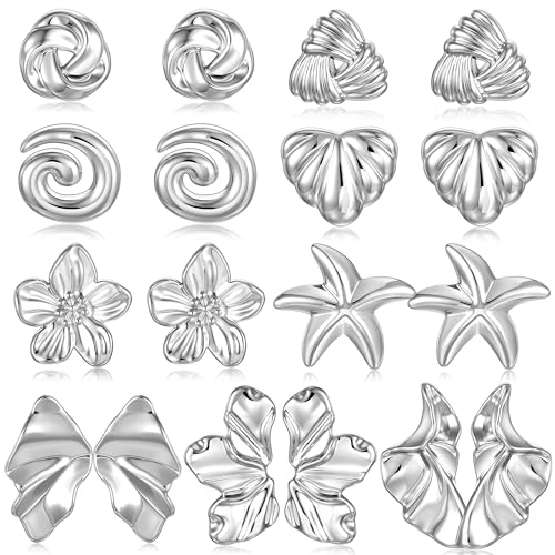 9 Pairs Silver Stud Earrings Set for WomenHypoallergenic Sectored Flower Starfish Large Earring Pack Chunky Silver Statement Earrings for Women Jewelry