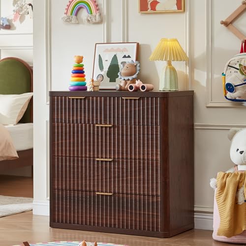 Image of LEYAOYAO Fluted 5 Drawers Dresser for Bedroom Set of 2, 34 inch Tall Modern Chest of Drawers with Metal Handle, Curved Profile Design,Wood Drawer Organizer for Bedroom, Living Room, Hallway,Walnut
