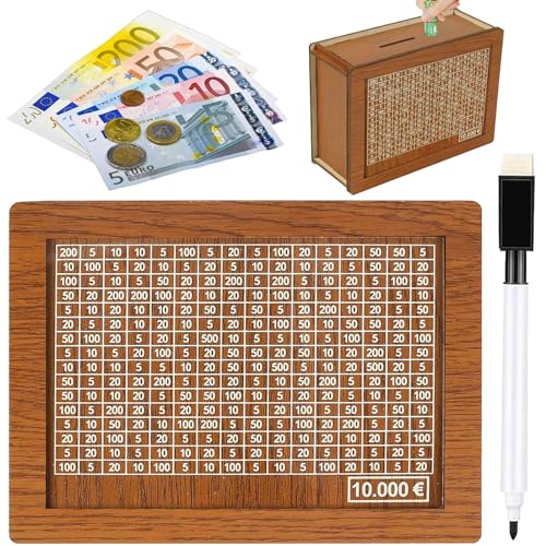 Spardose aus Holz - spardose mit zähler für 10000 Euro Wiederverwendbare Spardose mit Sparziel und Zahlen zum ankreuzen Retro Sparbüchse Aufbewahrungsbox für Erwachsene und Kinder