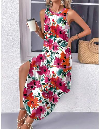 Image of Zeagoo Women Floral Summer Casual Beach Printed Tank Dress with Pockets Pleated Front Long Dress