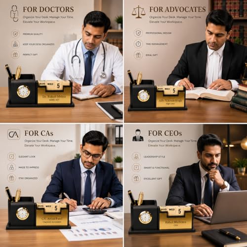 Image of Teak Wood Personalized Wooden Pen Stand Desk Organiser With Pen Stand For Office Table Stylish,Elegant Gift For Boss,doctors,male Corporate Gifts|Includes Calendar & Watch Stand,Stationary,Black