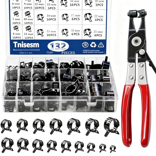 Tnisesm 132Pcs 6-25MM Spring Hose Clamps With Hose Clamp Pliers, Black Small Hose Clamps Automotive Fuel Hose Clamp Silicone Vacuum Hose Pipe Low Pressure Air Clip Clamp