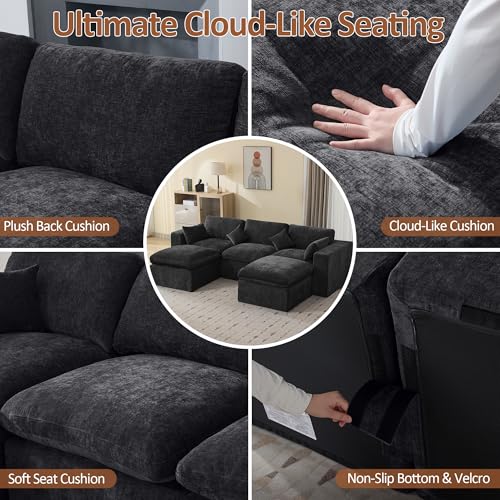 Image of 115'' Cloud Boneless Sectional Couch, Modular Sectional Sofa Deep Seat with 2 Ottomans, Oversized Upholstered Convertible Comfy 5 Seater Chenille Sofa U Shape Couches for Living Room, Dark