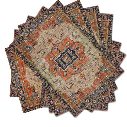 Image of Aztec Terracotta Boho Placemats Set of 6 Vintage Rust Retro Carpet Linen Washable Kitchen Dining Table Mats Stain Heat-Resistant Desktop Decor Place Mats for Home Party Indoor 12x18 Inches