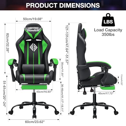 Image of HOFFREE Gaming Chair with LED RGB Lights with Massage and Footrest Ergonomic Computer Chair High Back Video Game Chair with Adjustable Lumbar Support Linkage Armrest Green and Black